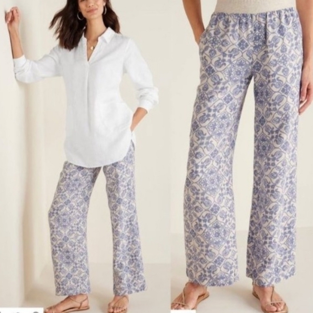 Soft Surroundings Blue And Cream Aliso Point Linen Wide Leg Pants - Size Large